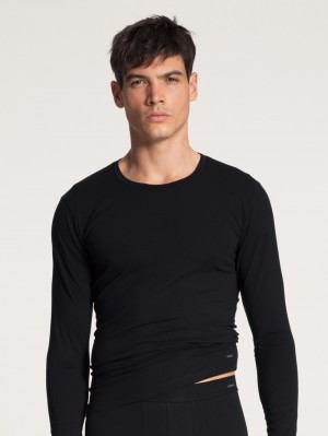 Men Calida Cotton Code Shirt Long Sleeve Underwear Schwarz | 602435-JMZ