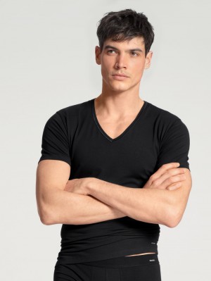 Men Calida Cotton Code V-shirt Underwear Schwarz | 837105-LMG