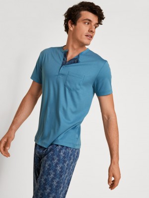 Men Calida Relax Choice 2 Short Pyjama Sleepwear Niagara Blue | 306245-XHY