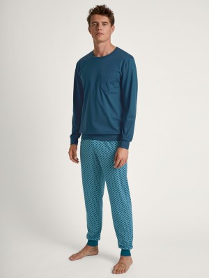 Men Calida Relax Imprint 3 Pyjama With Cuff Sleepwear Legion Blue | 107963-SXI