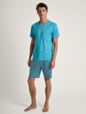 Men Calida Relax Imprint 3 Short Pyjama Sleepwear Bright Blue | 207183-FQW