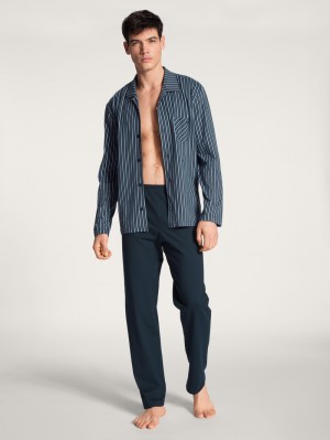 Men Calida Relax Imprint Pyjama Buttoned Sleepwear Dark Sapphire | 093574-ONP