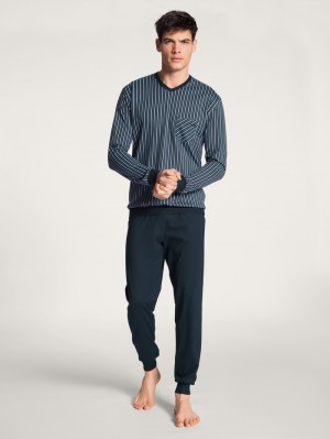 Men Calida Relax Imprint Pyjama With Cuff Sleepwear Dark Sapphire | 024387-FGN