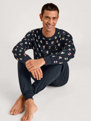 Men Calida Relax Teddy Pyjama With Cuff Sleepwear Dark Sapphire | 658714-NQD