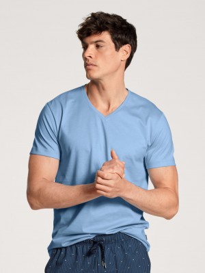 Men Calida Remix Basic Sleep V-shirt Sleepwear Placid Blue | 901367-PZN