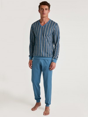 Men Calida Special Pyjama With Cuff Sleepwear Coronet Blue | 038965-ZDO