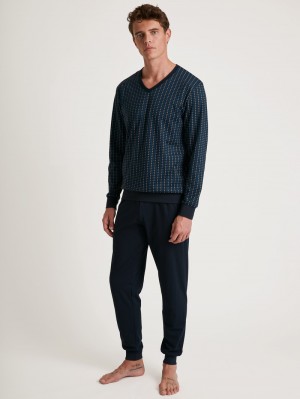 Men Calida Special Pyjama With Cuff Sleepwear Danube Blue | 176452-VQE