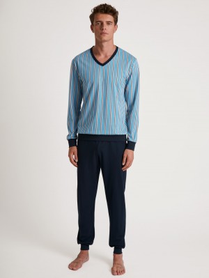 Men Calida Special Pyjama With Cuff Sleepwear Dolphin Blue | 738962-GKJ