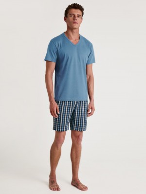 Men Calida Special Short Pyjama Sleepwear Coronet Blue | 389762-OST