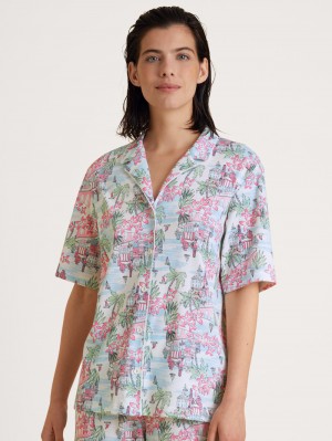 Women Calida Amalfi Journey Shirt Short Sleeve, Buttoned Through Sleepwear Star White | 930641-ZJY