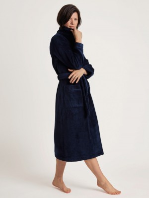 Women Calida Cosy Shower Bathrobe Bathrobes New Dark Lapis Blue | 863274-JQT