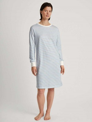 Women Calida Cotton Stripes Long-sleeved Nightdress, Length 100 Cm Sleepwear Endless Sky | 697458-RSF