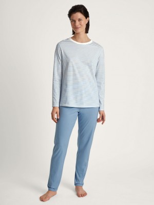 Women Calida Cotton Stripes Pyjama Sleepwear Endless Sky | 059712-IPW