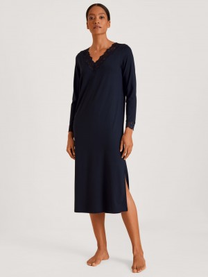 Women Calida Elegant Dreams Long-sleeved Nightdress Sleepwear Dark Lapis Blue | 073648-AYC