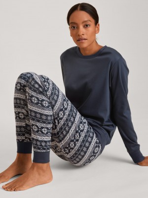 Women Calida Family & Friends Pyjama With Cuff Sleepwear Dark Lapis Blue | 203851-VQK