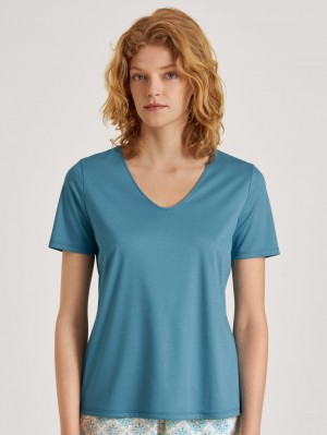 Women Calida Favourites Balance V-shirt Loungewear Niagara Blue | 029574-INC