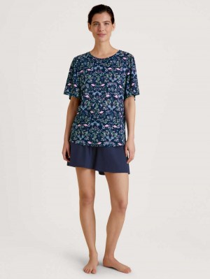 Women Calida Flamingo Dreams Short Pyjama Sleepwear Dark Blue | 704692-ZAJ