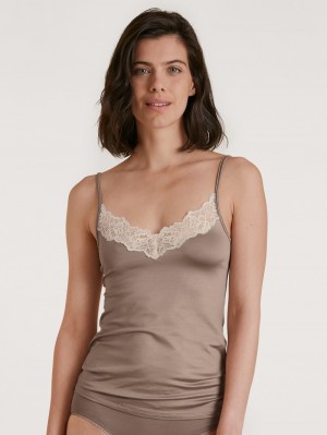 Women Calida Glamorous Lace Spaghetti Top Underwear Etherea Taupe | 912587-HAV