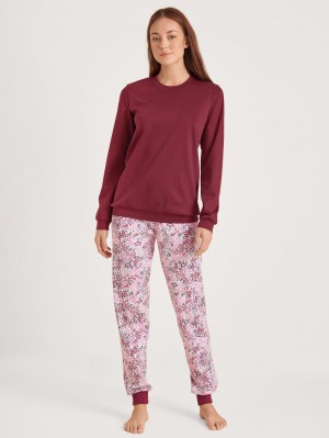 Women Calida Midnight Flowers Pyjama With Cuff Sleepwear Mars Red | 253981-WLK