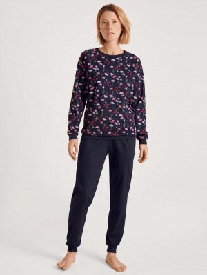 Women Calida Midnight Mushrooms Pyjama With Cuff Sleepwear Dark Lapis Blue | 416859-WKF