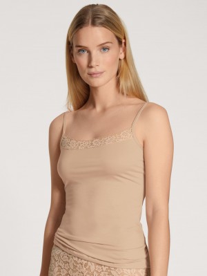 Women Calida Natural Comfort Lace Spaghetti Top Underwear Rose Teint | 059734-QCE