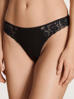 Women Calida Natural Comfort Lace String Underwear Schwarz | 342190-YQC