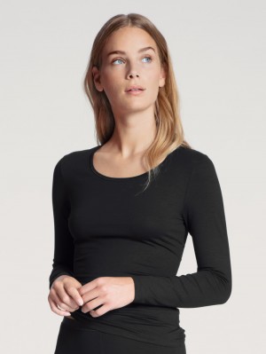 Women Calida Natural Comfort Shirt Long Sleeve Underwear Schwarz | 953784-XVL