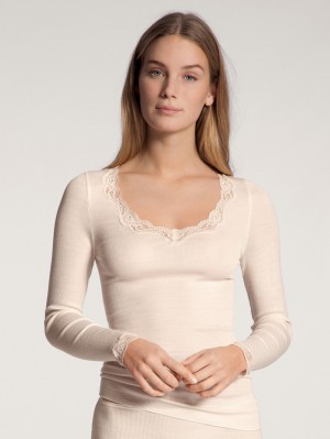 Women Calida Richesse Lace Shirt Long Sleeve Underwear Light Ivory | 206841-LTB