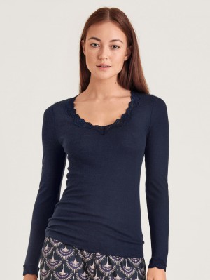 Women Calida Richesse Lace Shirt Long Sleeve Underwear Eclipse Blue | 314257-QGL