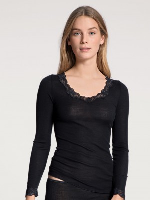 Women Calida Richesse Lace Shirt Long Sleeve Underwear Ws Schwarz | 596308-YAP