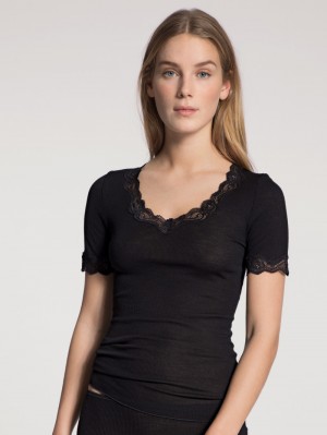 Women Calida Richesse Lace Shirt Short Sleeve Loungewear Ws Schwarz | 753062-VGN