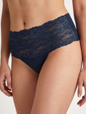 Women Calida Sensual Secrets High-waisted Briefs With Lace Waistband Underwear Peacoat Blue | 670543-NJV