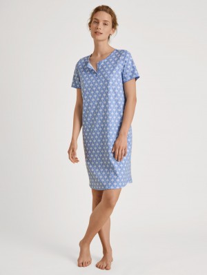 Women Calida Shell Nights Short Sleeve Nightdress, Length 95cm Sleepwear Hydrangea Blue | 294067-YWL