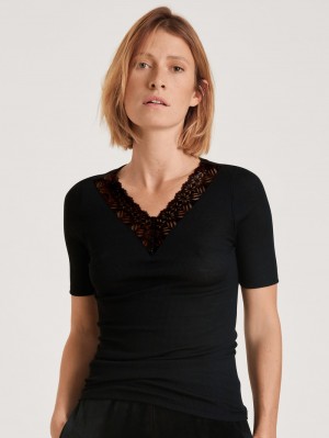 Women Calida Silky Wool Glam Shirt Short Sleeve Underwear Ws Schwarz | 571386-VXM