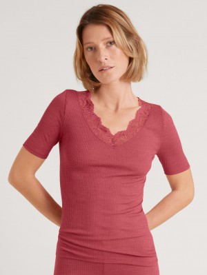 Women Calida Silky Wool Joy Shirt Short Sleeve Underwear Pomegranate Red | 983560-VFA