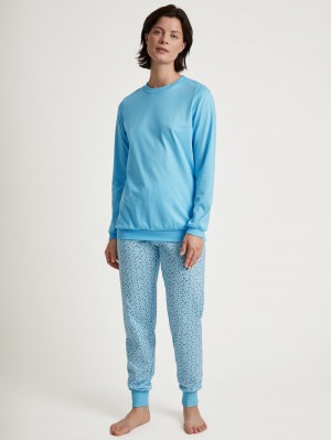 Women Calida Special Pyjama With Cuff Sleepwear Blue Topaz | 436205-ONV