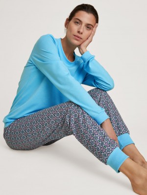 Women Calida Spring Nights Cuffed Pyjamas Sleepwear Blue Topaz | 843250-CSF