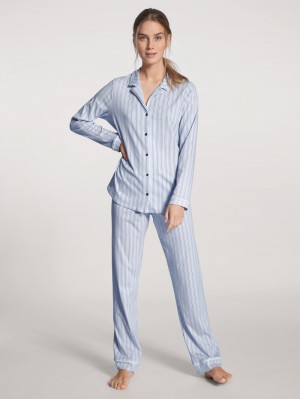 Women Calida Sweet Dreams Pyjama Buttoned Sleepwear Peacoat Blue | 401765-TWQ