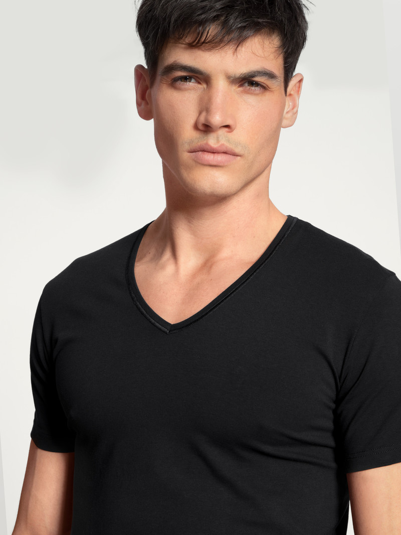 Men Calida Cotton Code V-shirt Underwear Schwarz | 837105-LMG