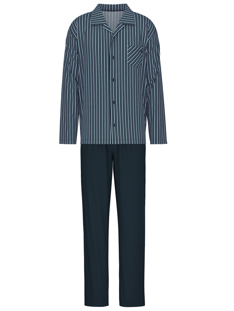 Men Calida Relax Imprint Pyjama Buttoned Sleepwear Dark Sapphire | 093574-ONP