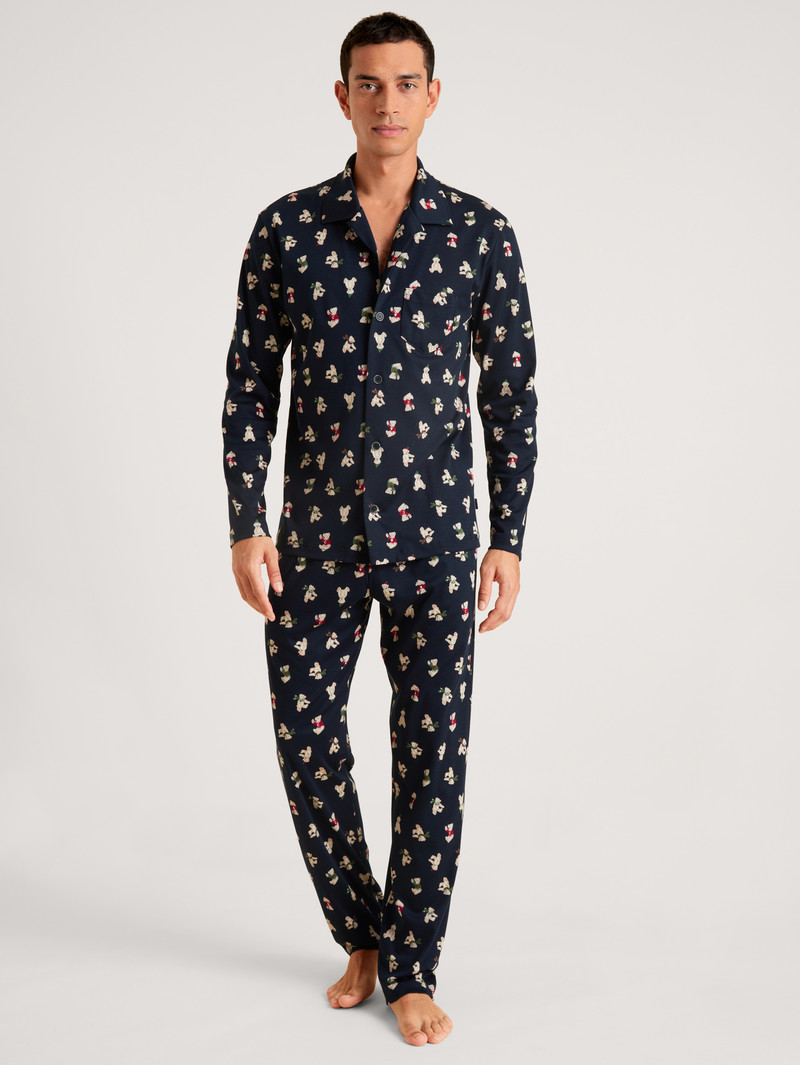 Men Calida Relax Teddy Pyjama Buttoned Sleepwear Dark Sapphire | 683495-DER