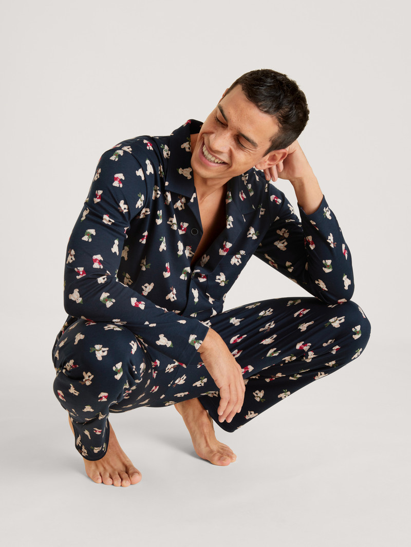 Men Calida Relax Teddy Pyjama Buttoned Sleepwear Dark Sapphire | 683495-DER