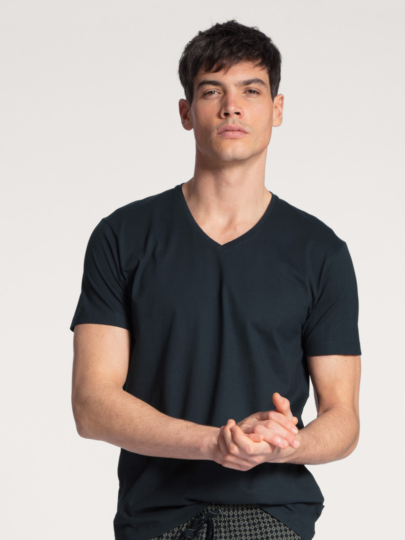 Men Calida Remix Basic Sleep V-shirt Sleepwear Dark Sapphire | 582013-OWC