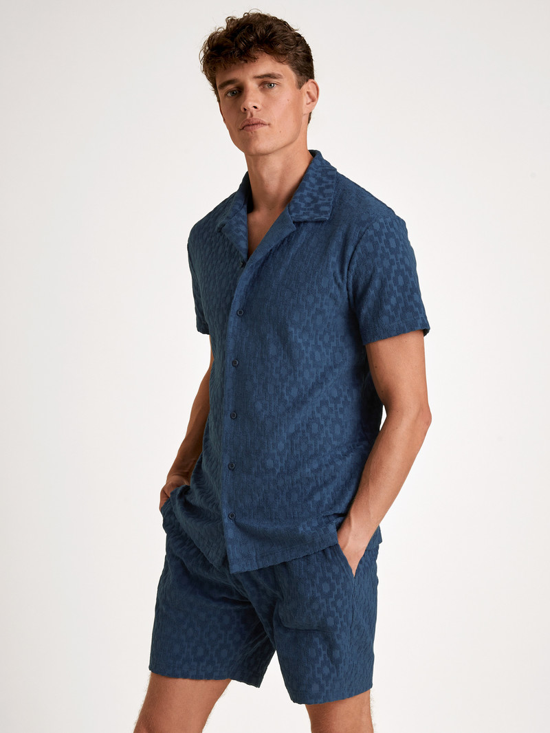 Men Calida Rmx Lounge Holiday Short Shirt With Button Facing Loungewear Insignia Blue | 167409-DEU