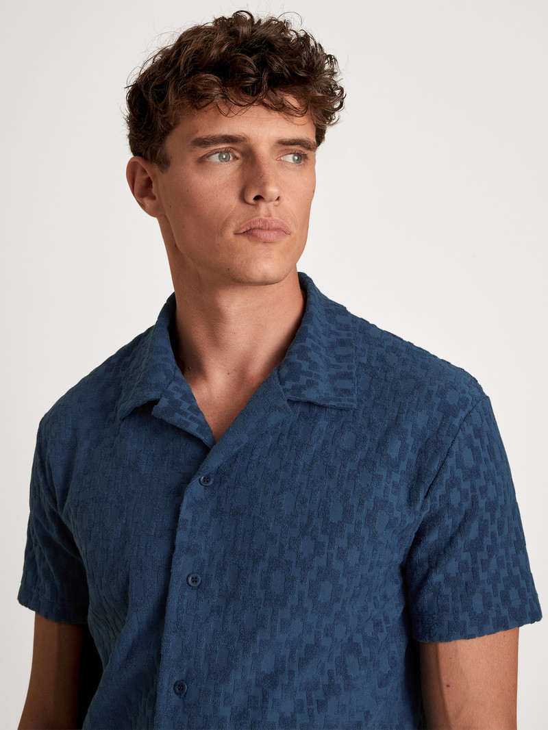 Men Calida Rmx Lounge Holiday Short Shirt With Button Facing Loungewear Insignia Blue | 167409-DEU