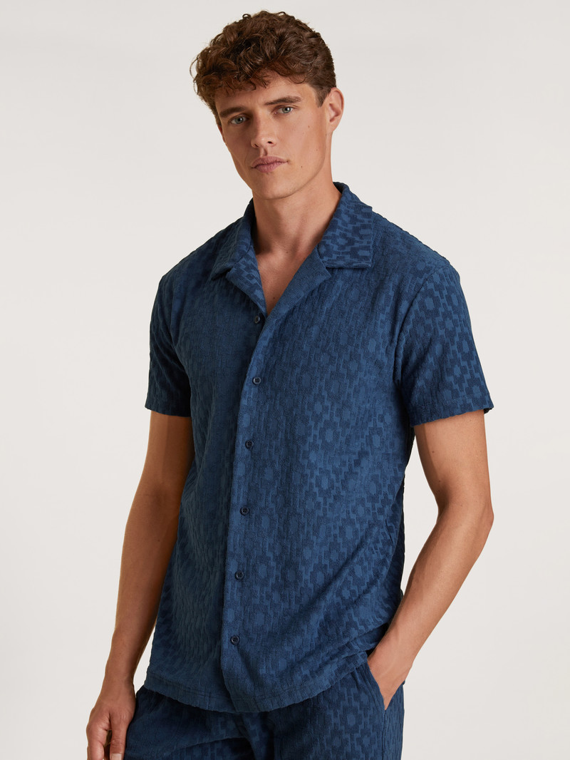 Men Calida Rmx Lounge Holiday Short Shirt With Button Facing Loungewear Insignia Blue | 167409-DEU