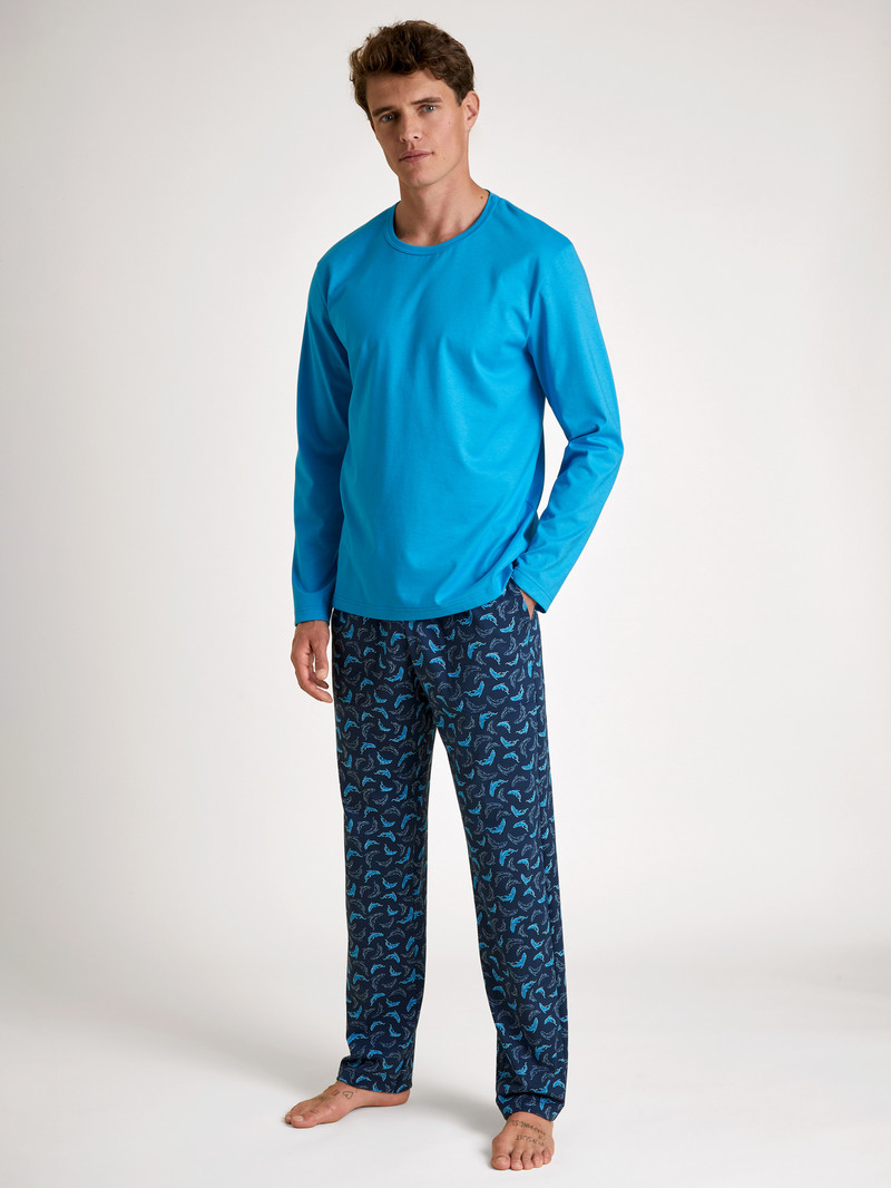 Men Calida Rmx Sleep Leisure Shirt Long Sleeve Loungewear Danube Blue | 582061-NZF