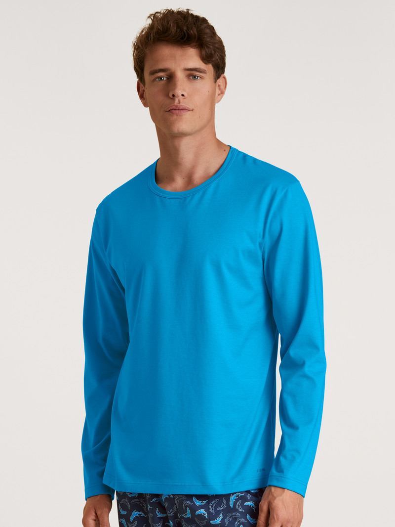 Men Calida Rmx Sleep Leisure Shirt Long Sleeve Loungewear Danube Blue | 582061-NZF