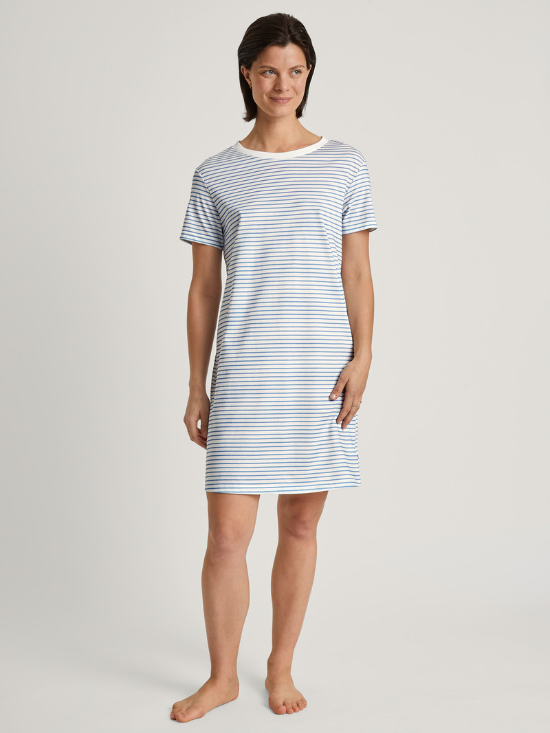 Women Calida Cotton Stripes Nightdress, Length 95 Cm Sleepwear Endless Sky | 418723-YZC