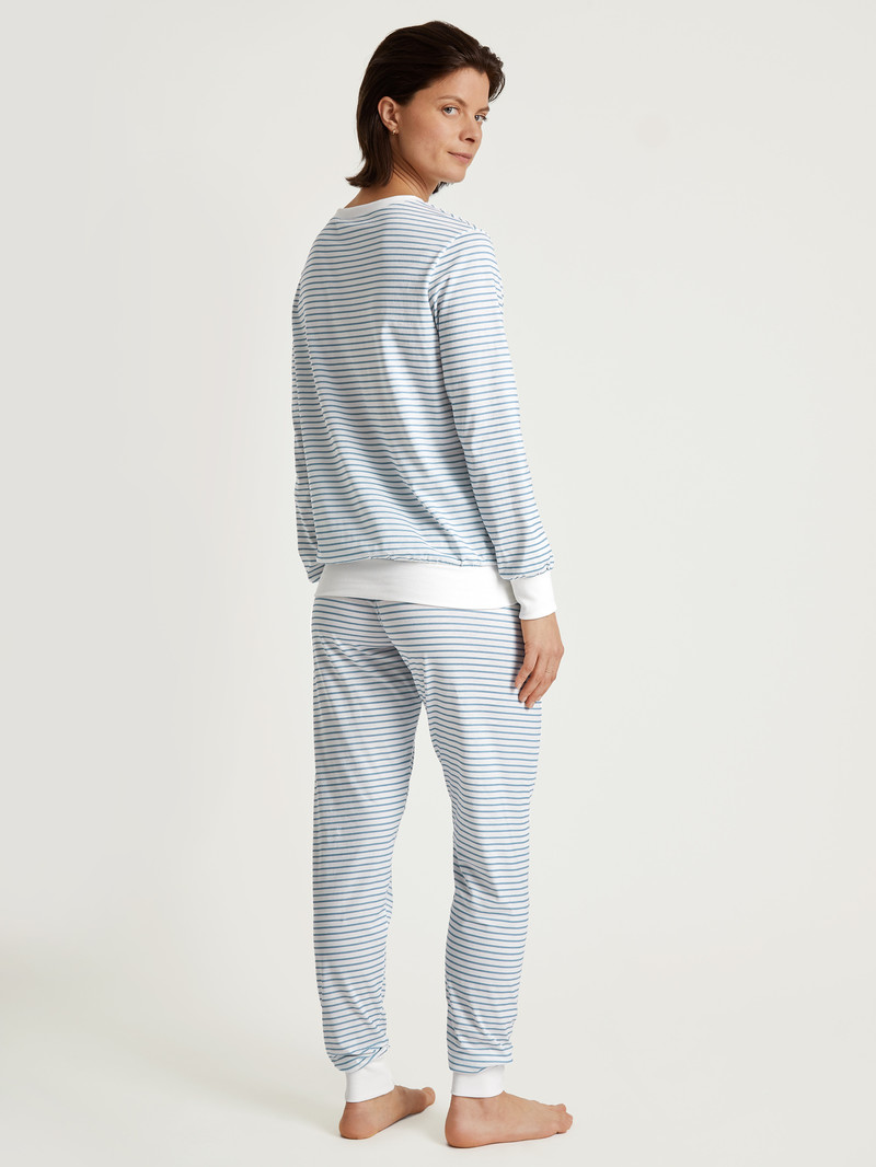 Women Calida Cotton Stripes Pyjama With Cuff Sleepwear Endless Sky | 036458-DYF